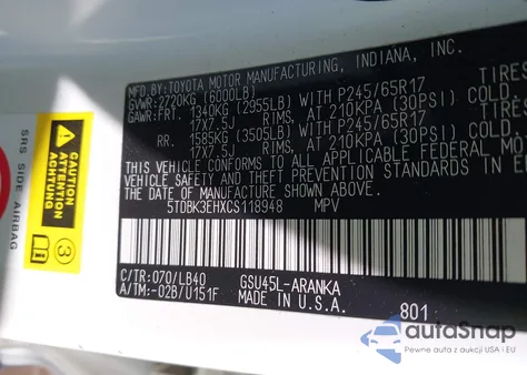 2012 Toyota Highlander Se V6 z USA, uszkodzony, nr VIN 5TDBK3EHXCS118948